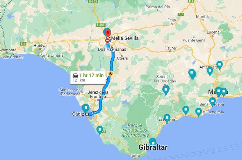 Map showing the route from Cadiz to Sevilla on Andalusia itinerary 10 days