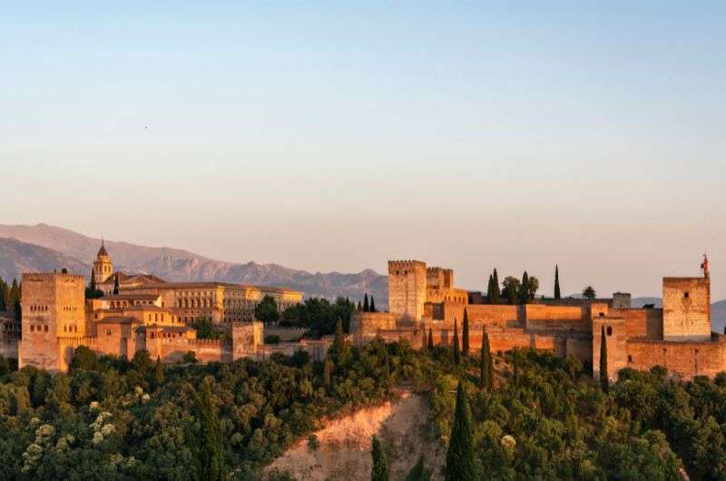 The view of the Alhambra from the Albaicin neighborhood at sunset