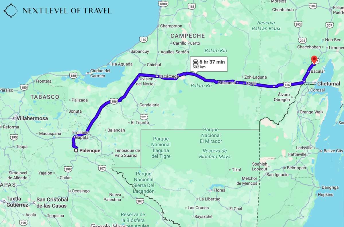 a map showing the drive from Palenque to the Bacalar Lagoon, Yucatán, Mexico