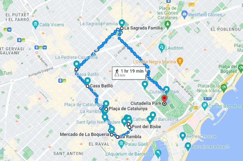 Map of route of day 1 on Spain itinerary: Barcelona