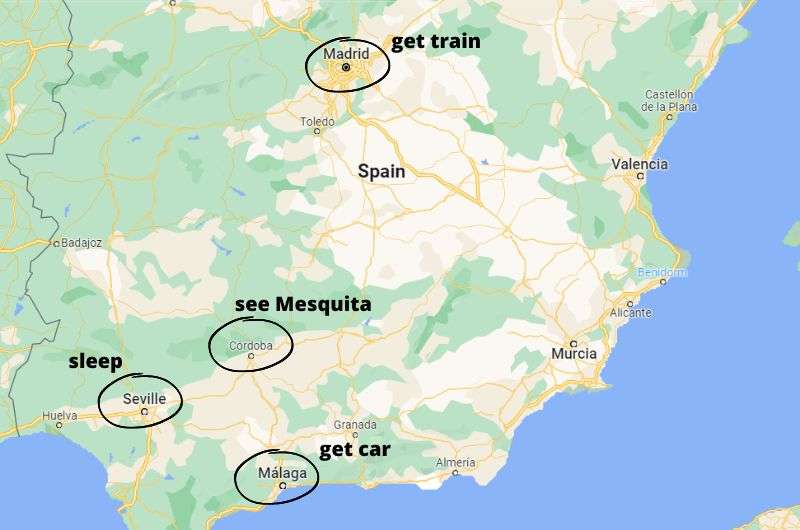 Map of route of day 7 on Southern Spain itinerary: Malaga  