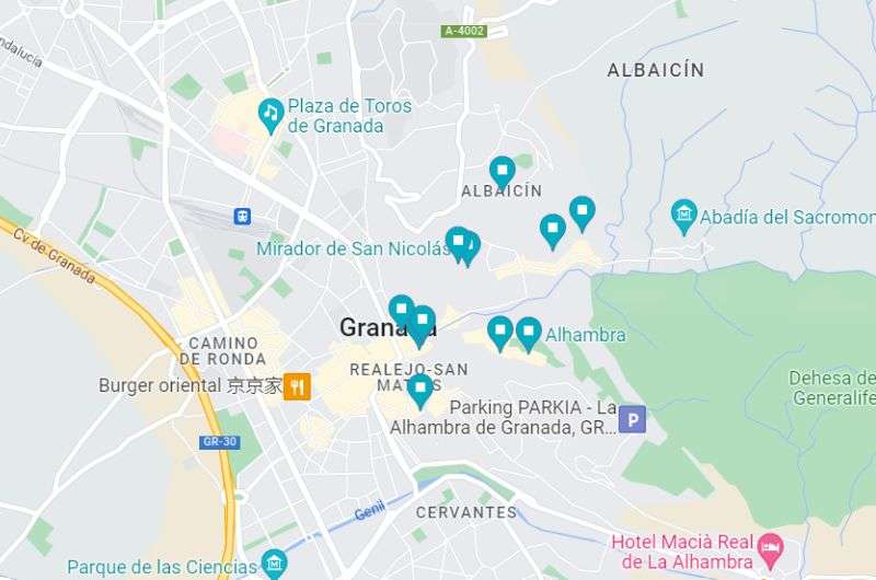 Map of the highlights of day 10 on Spain itinerary: Granada 