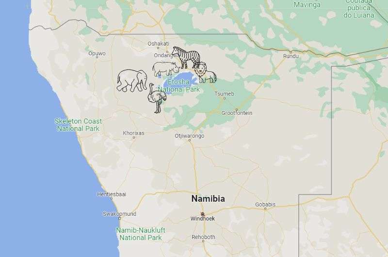 Map showing location of Etosha NP in Namibia