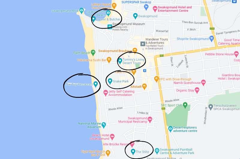 Map of activities in Swakopmund, Namibia