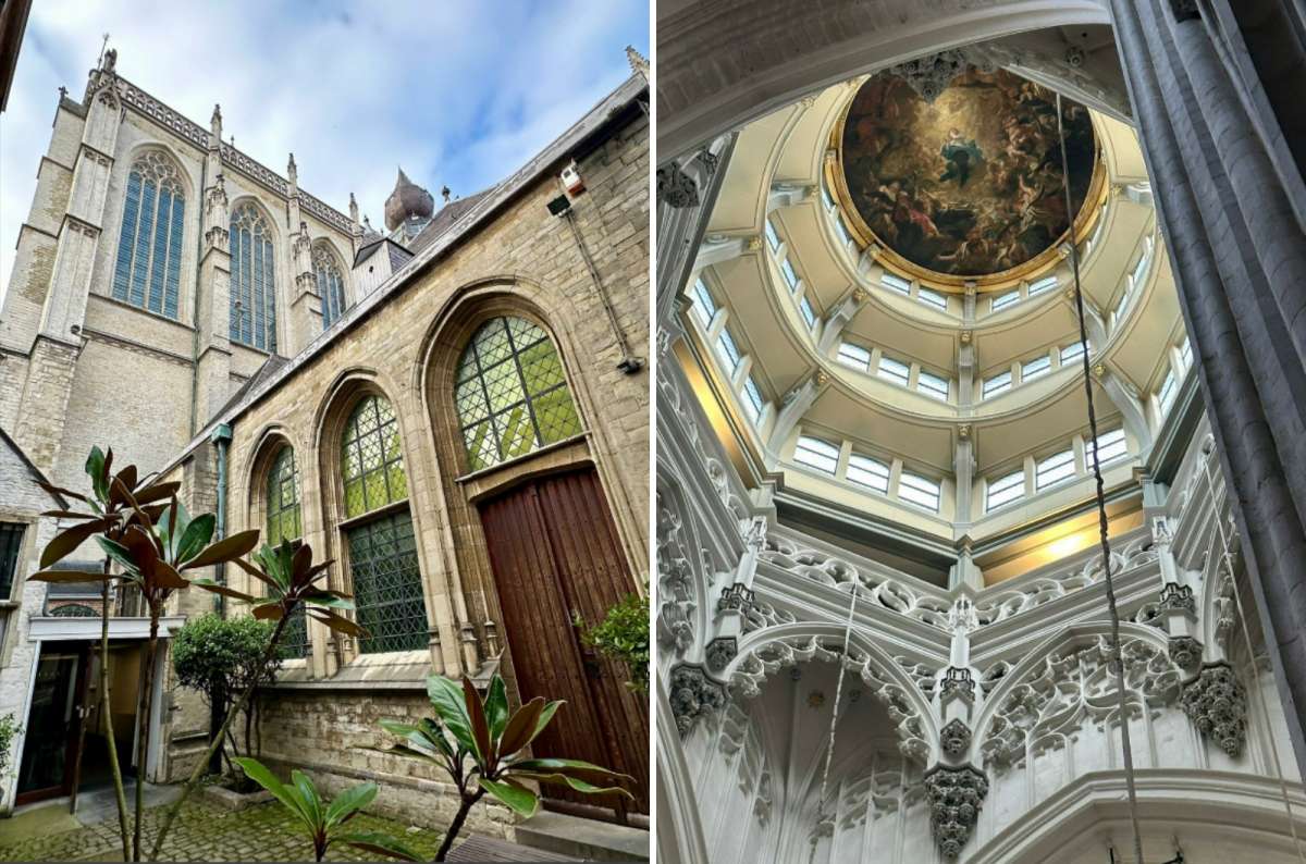Exterior courtyard and intricate dome interior of Cathedral of Our Lady in Antwerp, Belgium