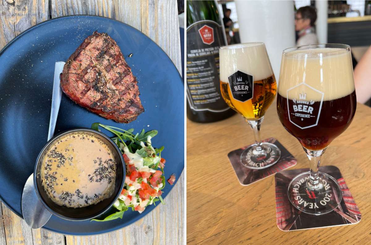 Grilled steak with pepper sauce and two glasses of Belgian beer at the Bruges Beer Experience, photo by Next Level of Travel