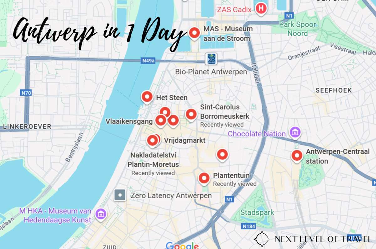 Map of what to do in one day in  Antwerp, Belgium, including Het Steen, Museum aan de Stroom (MAS), created by Next Level of Travel