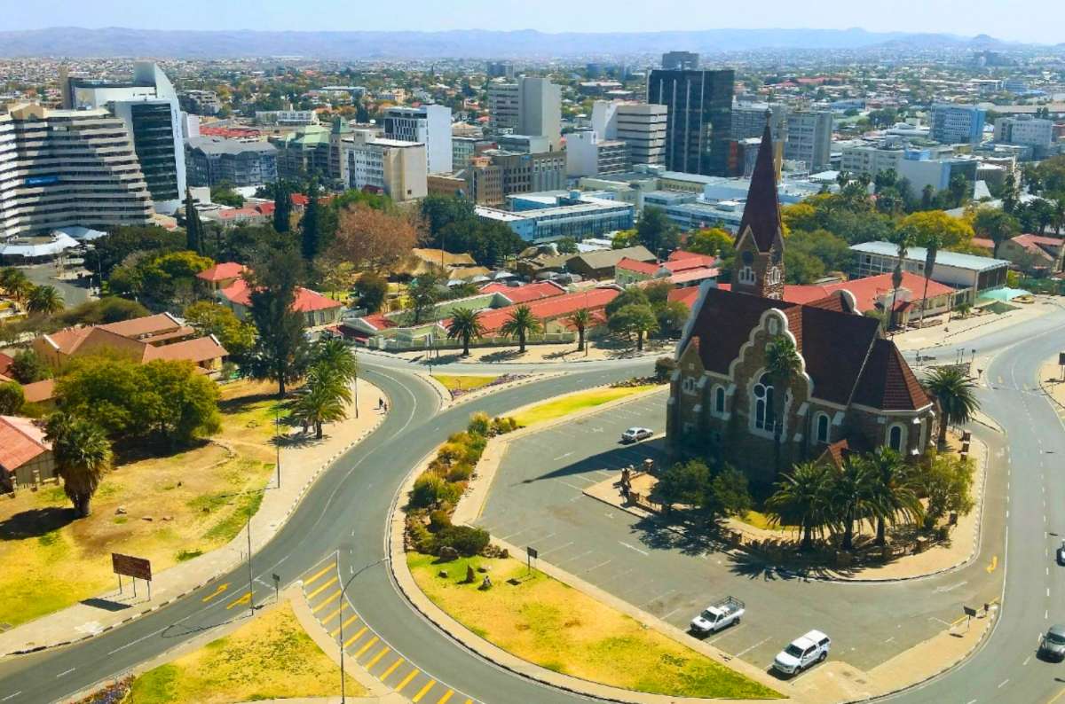Aerial view of Windhoek city center with Christuskirche church, Windhoek, Namibia