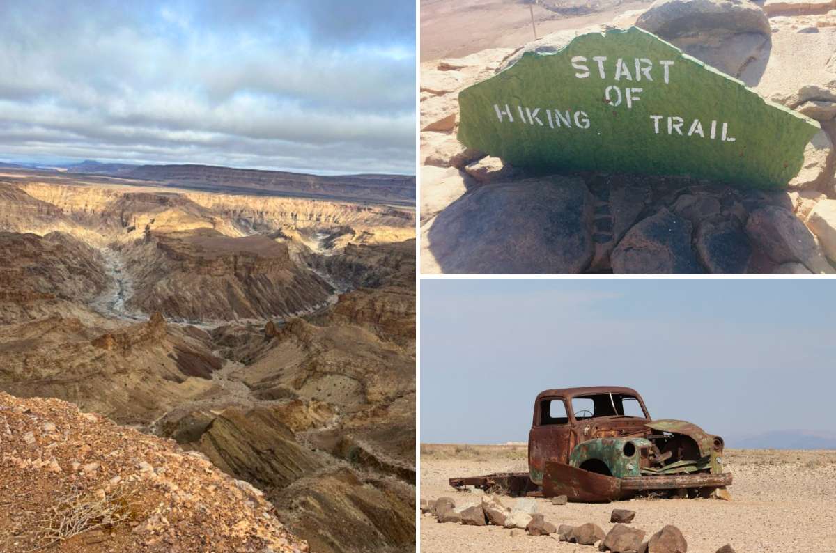 Collage of Fish River Canyon hike views, hiking trail start sign, and abandoned car in desert, Namibia