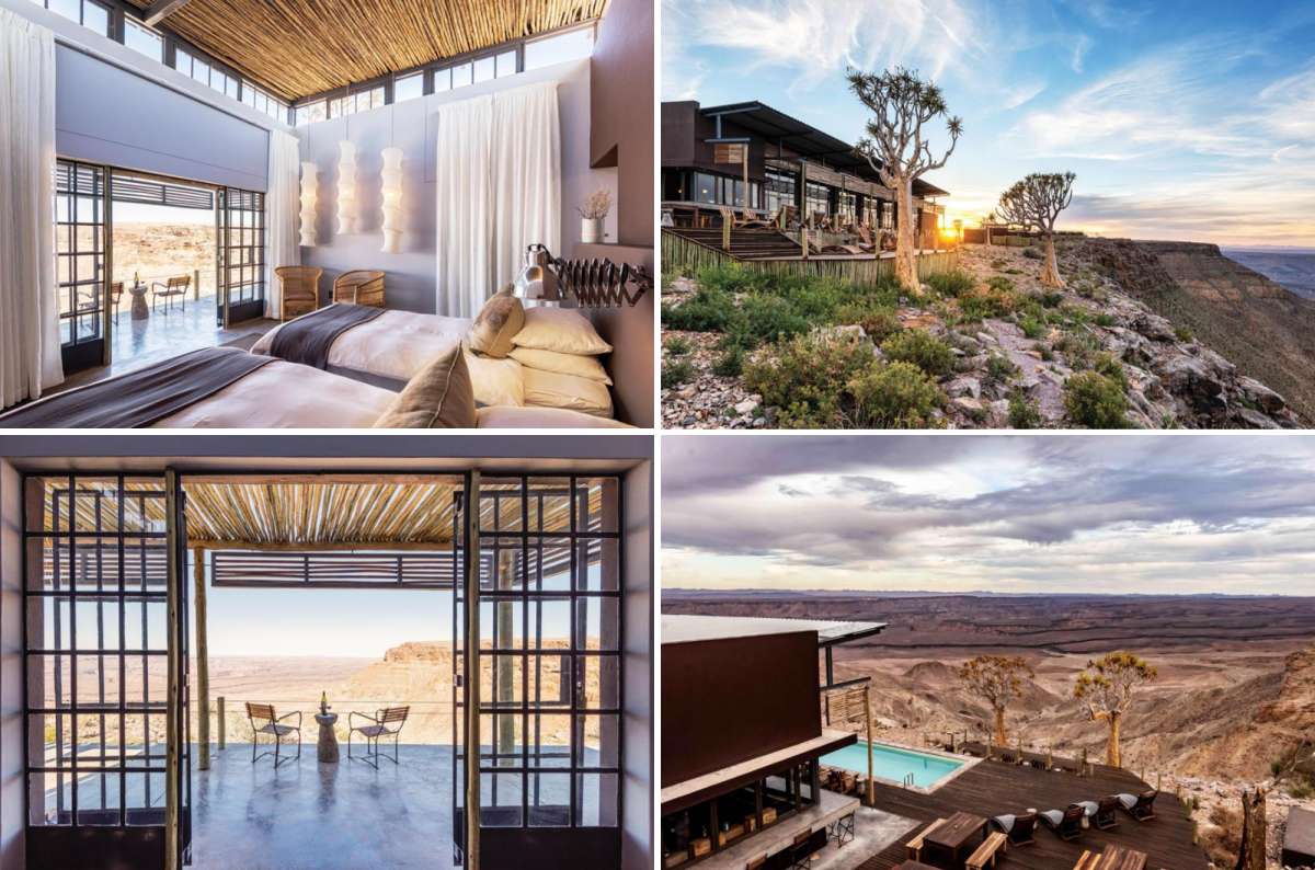 Collage of Fish River Lodge featuring bedroom with terrace, private balcony views, lodge exterior at sunset, and infinity pool overlooking Fish River Canyon, Namibia