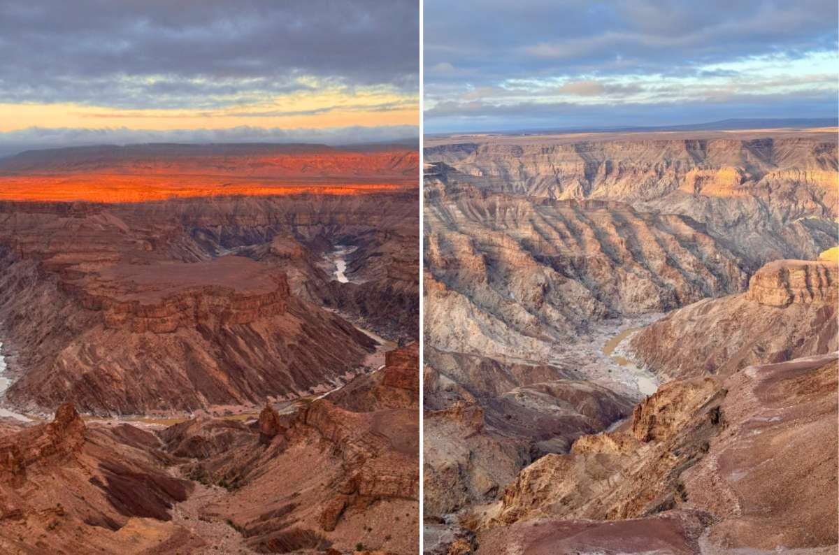 Fish River Canyon landscape at sunrise and daytime near Hobas, Namibia