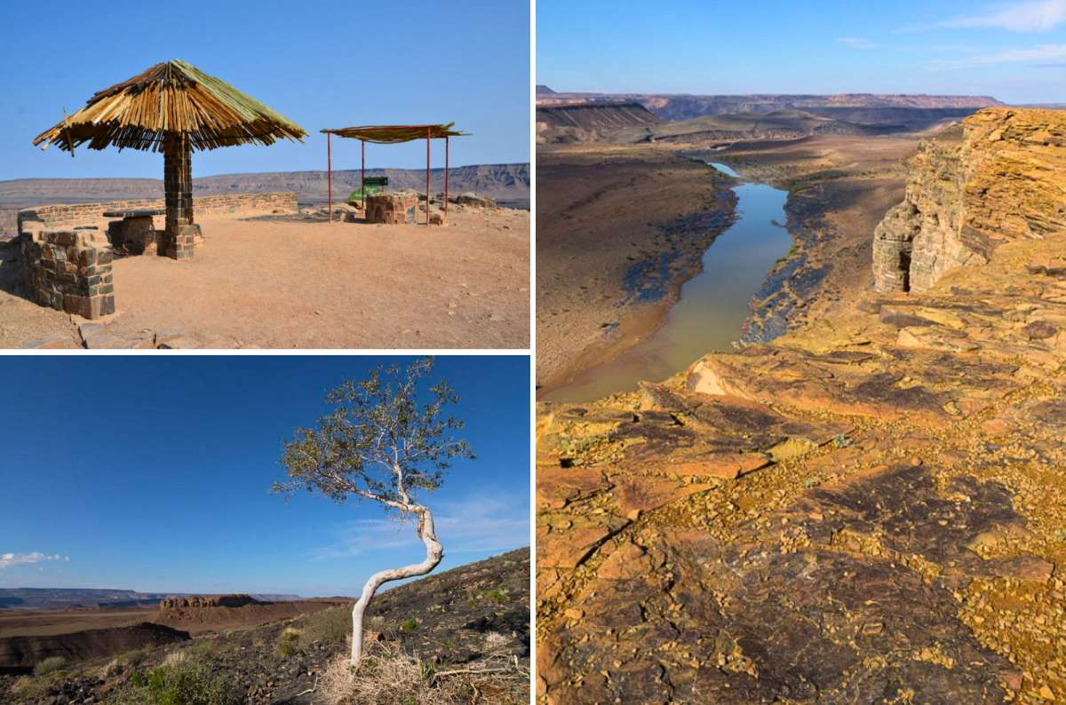 Fish River Canyon viewpoints, river below, and desert landscape near Hobas, Namibia
