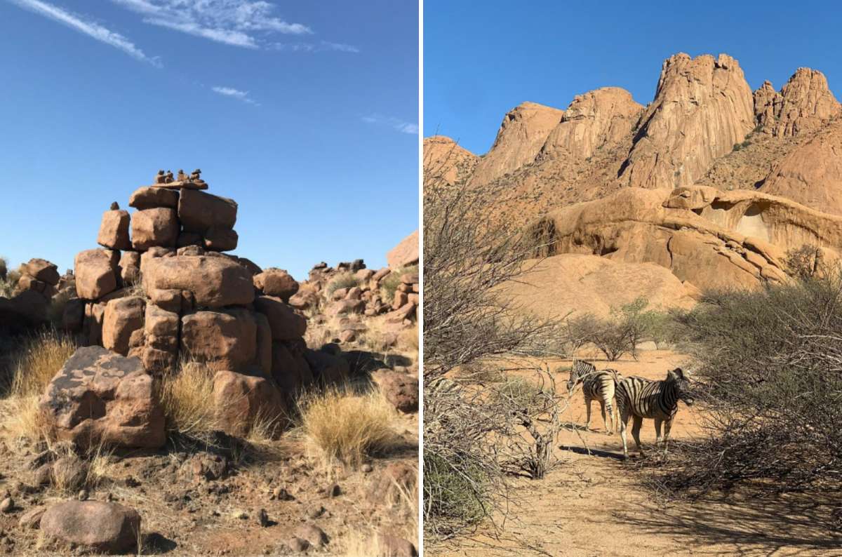 Rock formations and zebra in a desert landscape near Fish River Canyon