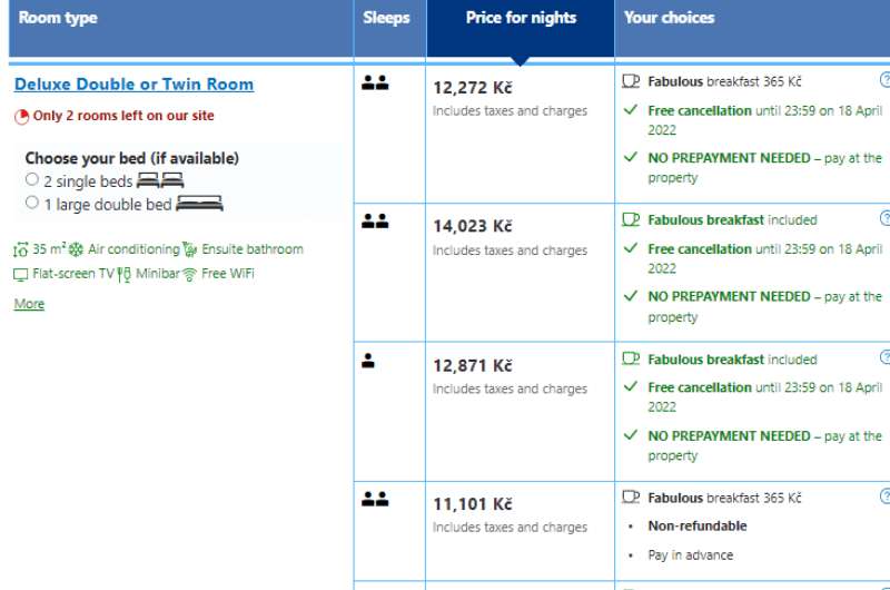 Price options of hotels on booking.com