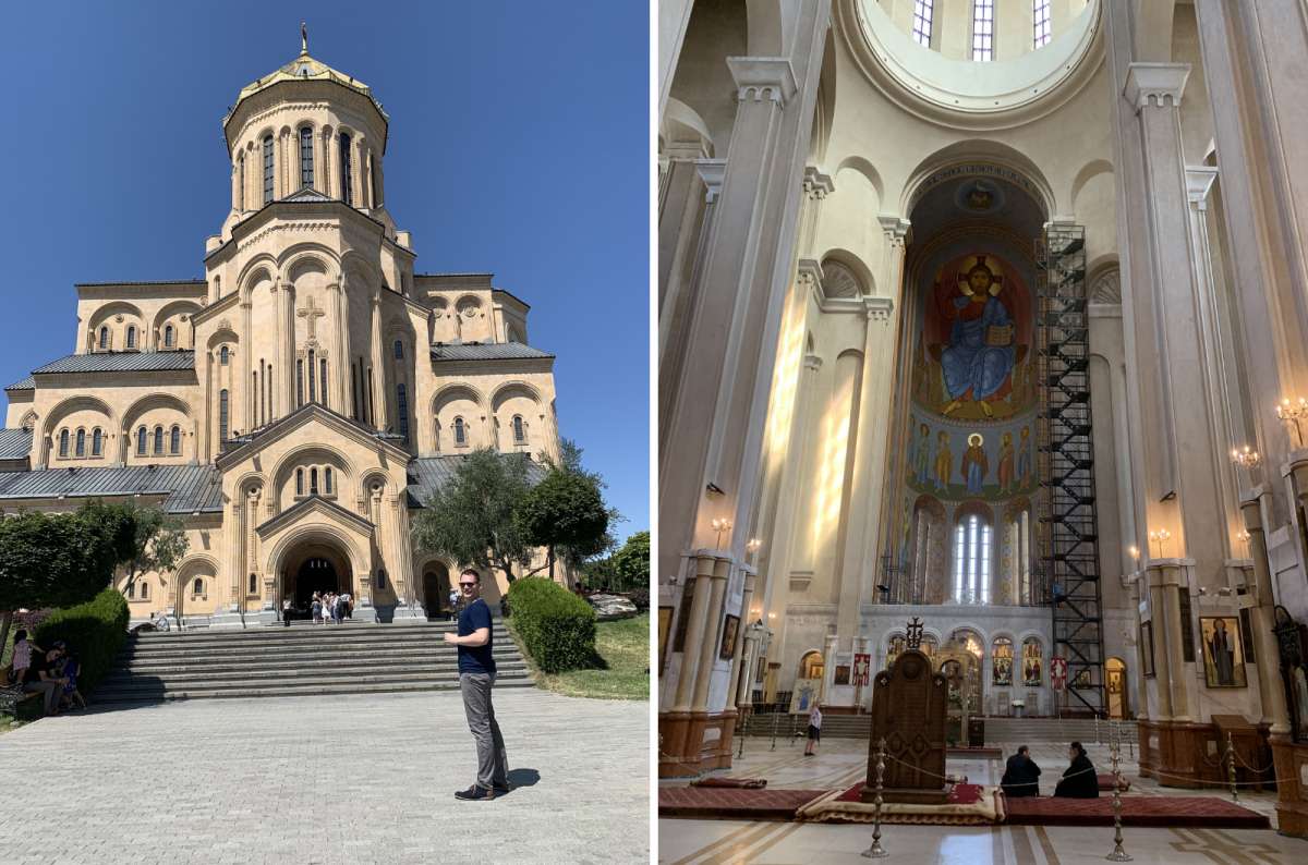 a collage of photos from the Sameba Cathedral with a torusit posing in front of the building and the interior, Tbilisi, Georgie, photo by Next Level of Travel