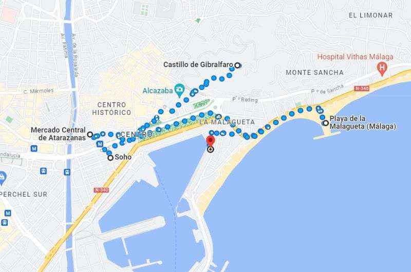 Map of day 2 Malaga and Granada itinerary