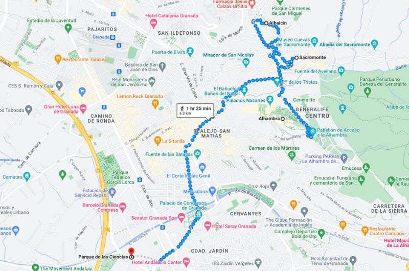 Map of day 3 Malaga and Granada itinerary  