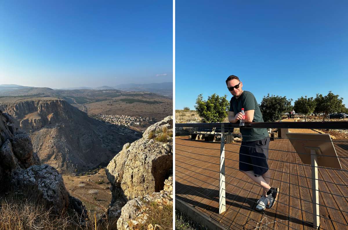 View from Mount Arbel in Arbel National Park, Galilee, Israel, overlooking dramatic cliffs, the Arbel Valley, and surrounding hills under a clear blue sky, photo by Next Level of Travel