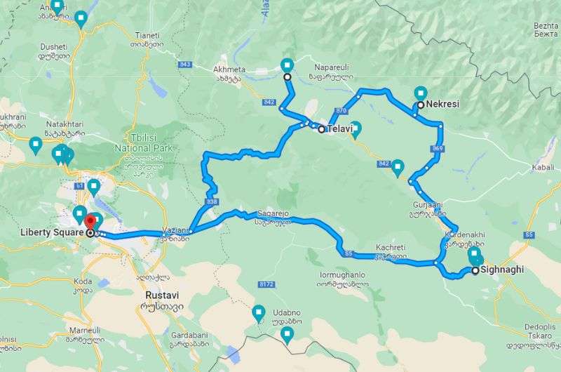 Map of day trip to Kakheti from Tbilisi showing all stops