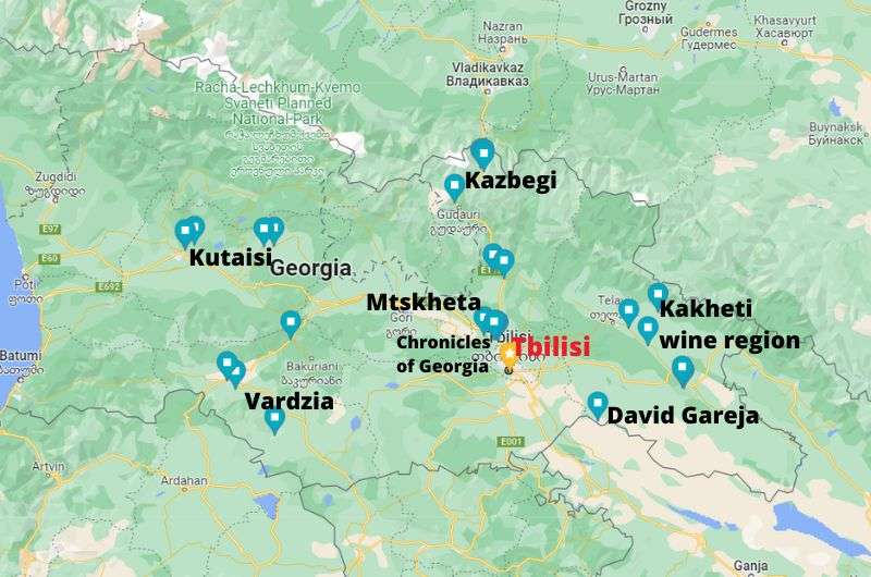Map showing all of the day trips from Tbilisi mentioned in this article