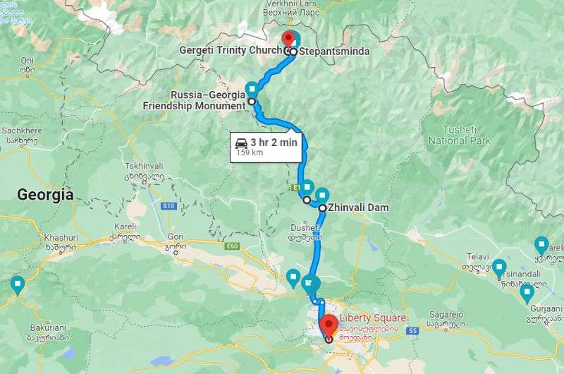 Map showing route from Tbilisi to Kazbegi day trip