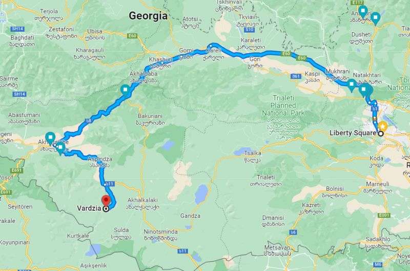 Map showing the route of the day trip from Tbilisi to Vardzia