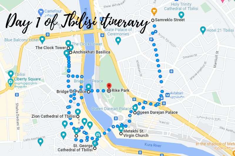 Day 1 of Tbilisi itinerary on Google Maps