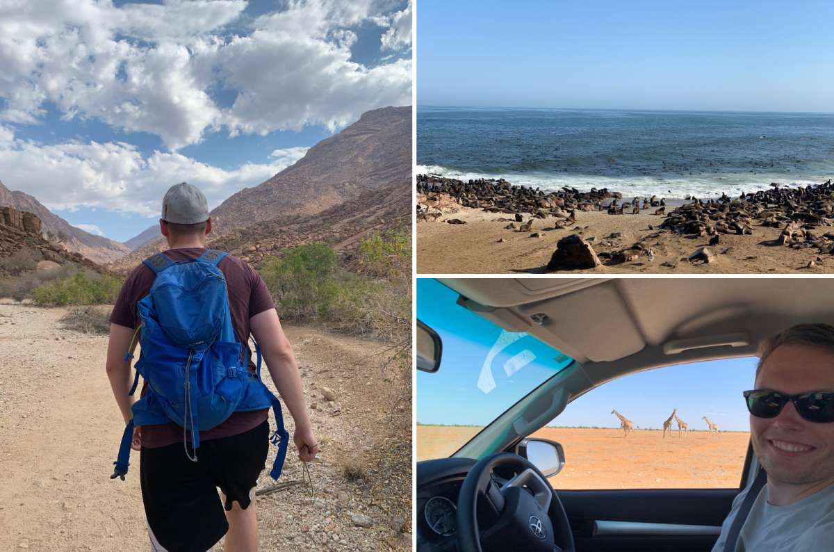 Collage of hiking in rocky landscape, seals on Skeleton Coast, and giraffes seen from car in Namibia, Namibia, photo by Next Level of Travel