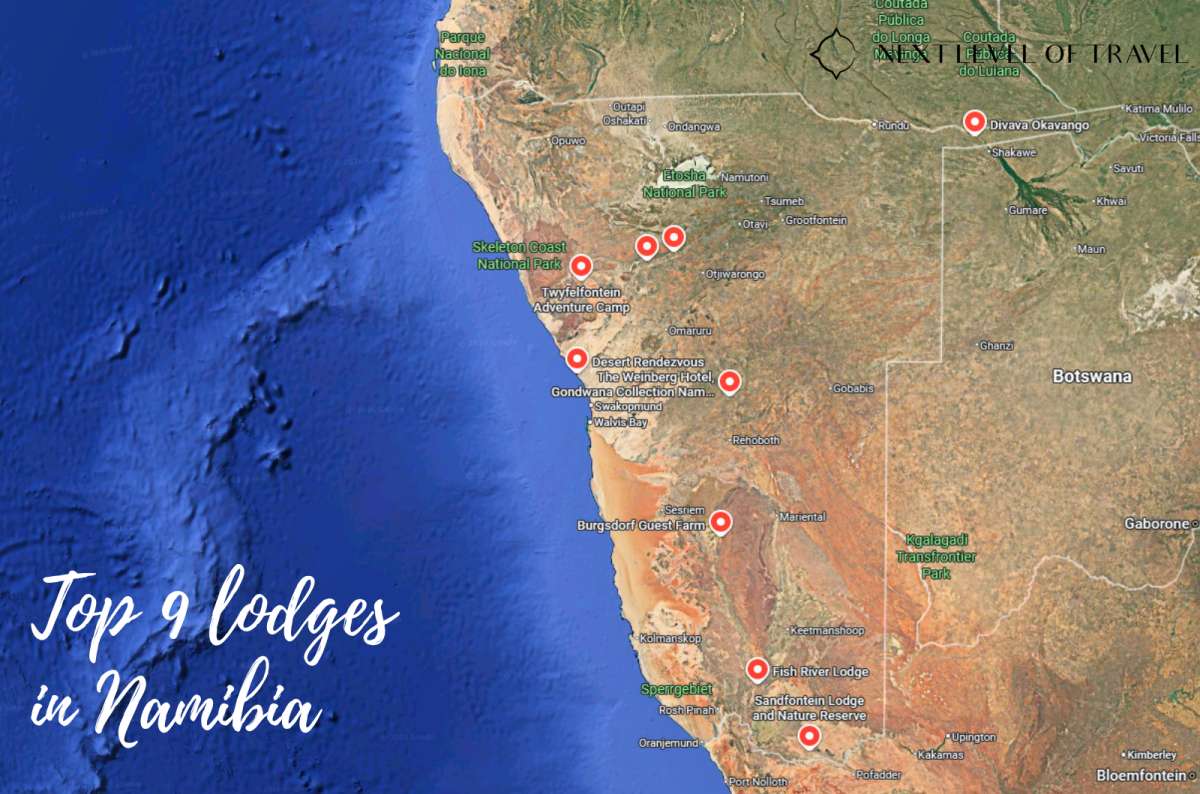 Map of top lodges in Namibia with marked locations across the country, Namibia, created by Next level of Travel