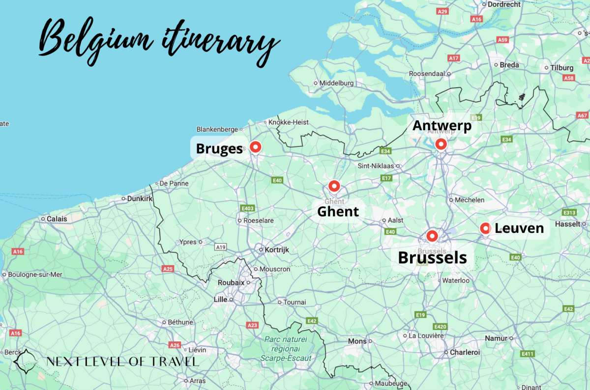 a map of all the highlights of the 7-day Belgium itinerary, made by Next Level of Travel