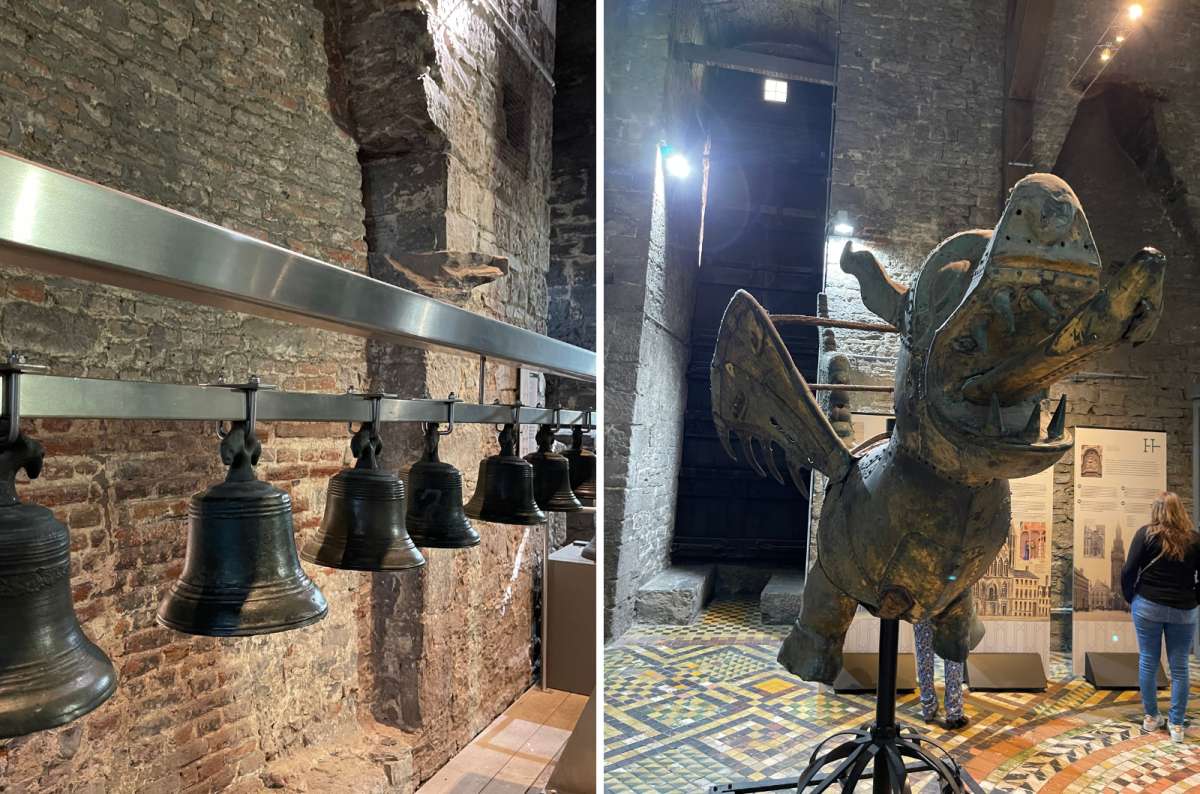 a photo from the inside of the Ghent Belfry with the bells and a unique statue, Ghent, Belgium, photo by Next Level of Travel