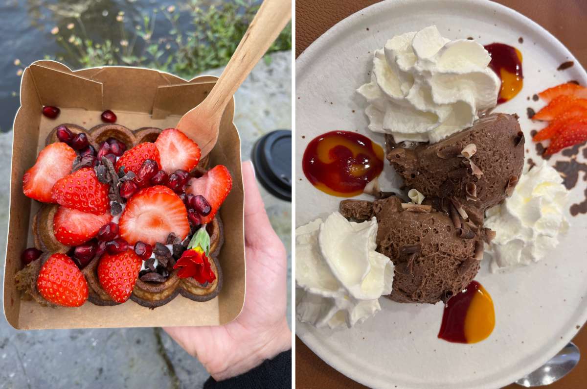 a photo of Belgian waffles and two scoops of chocolate ice cream with sweet toppings, Bruges, photo by Next Level of Travel