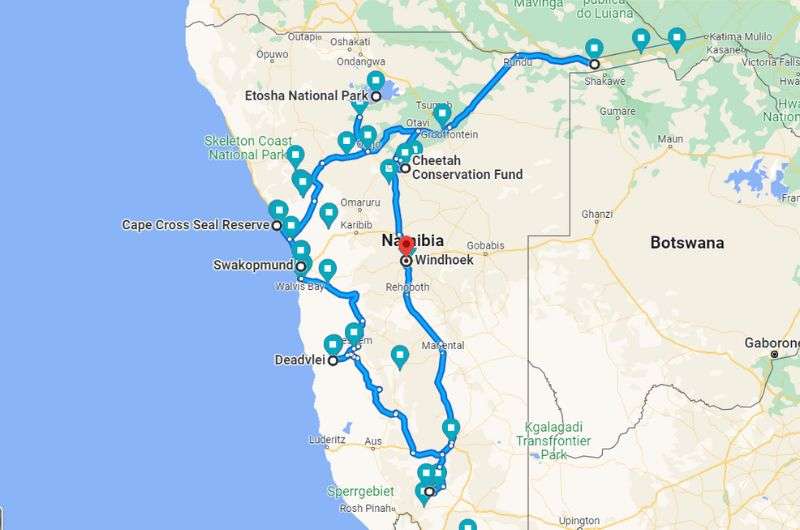 A map of the full Namibia itinerary for 14 days