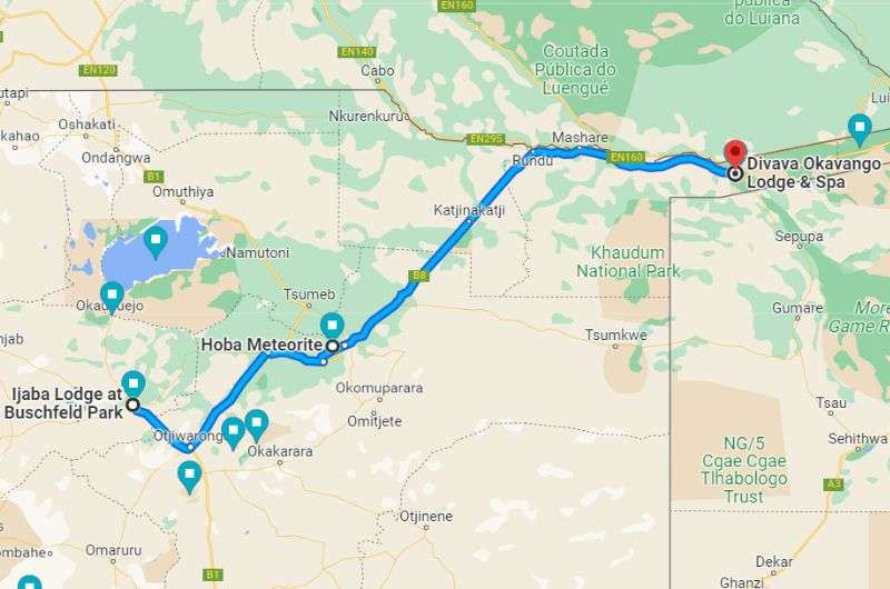 Map of day 11 on 14-day Namibia itinerary