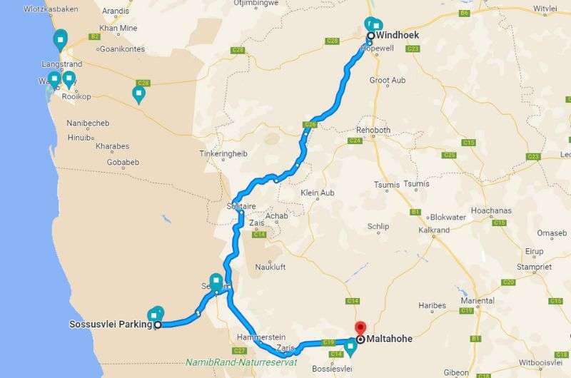 Map of day 2 on 10-day Namibia itinerary