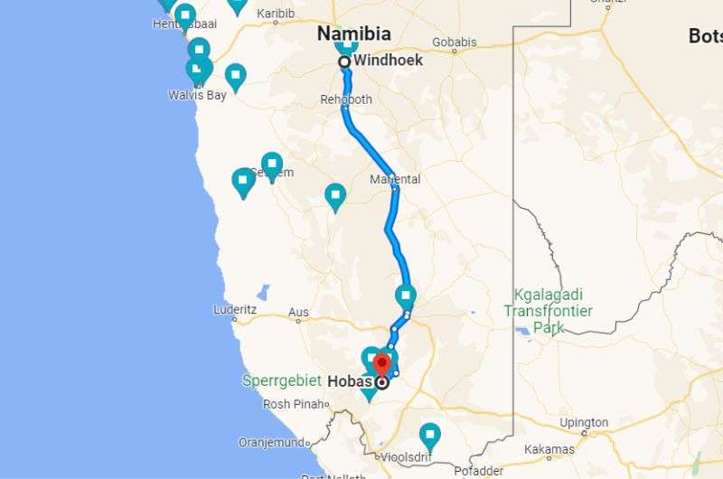 Map of day 2 on 14-day Namibia itinerary