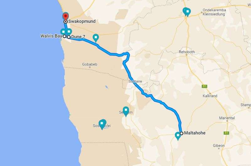 Map of day 3 on 10-day Namibia itinerary