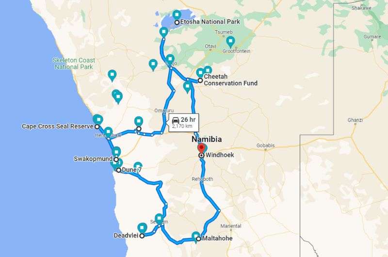 Map showing the distance you’ll cover in 10 days in Namibia