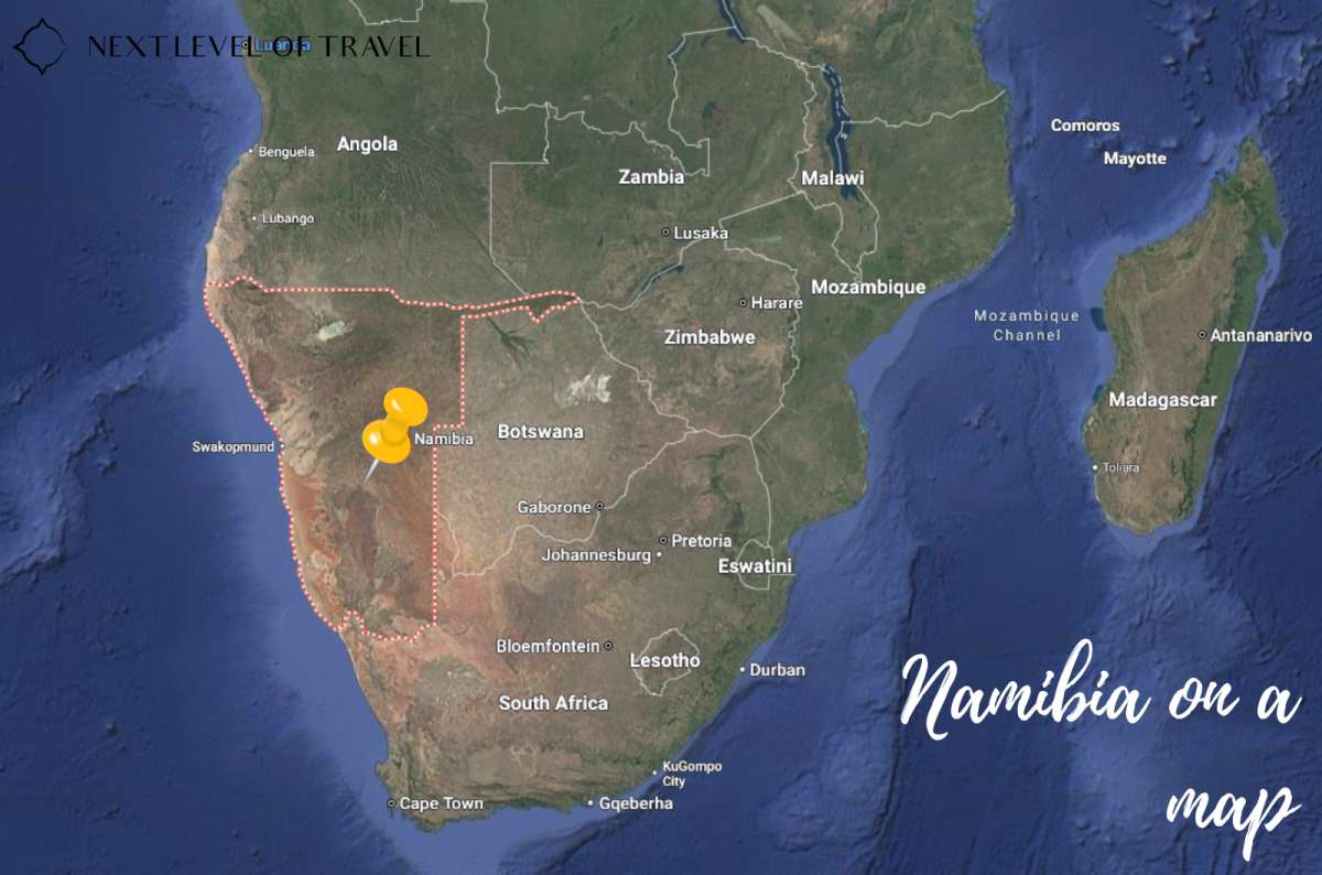 a photo of a map of South Africa showing its exact geographical location as one of the interesting facts about Namibia, Namibia, photo by Next Level of Travel