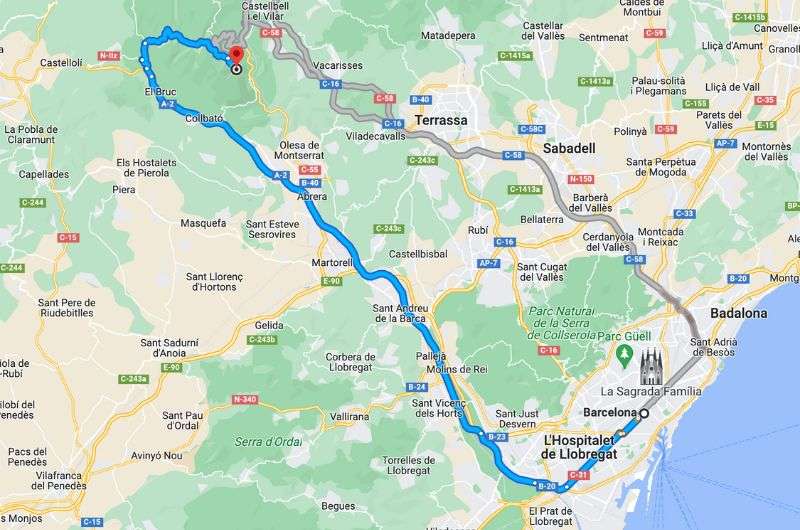Alt: Map of day 5 Barcelona itinerary day trip to Montserrat