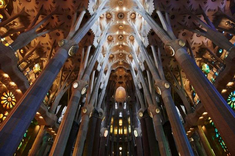 Interior of Sagrada Familia in Barcelona, Spain