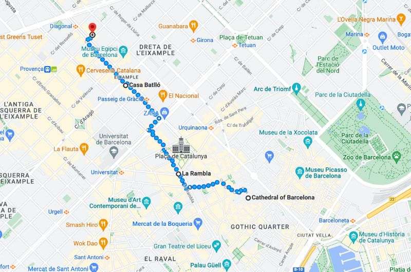 Map of day 1 Barcelona itinerary