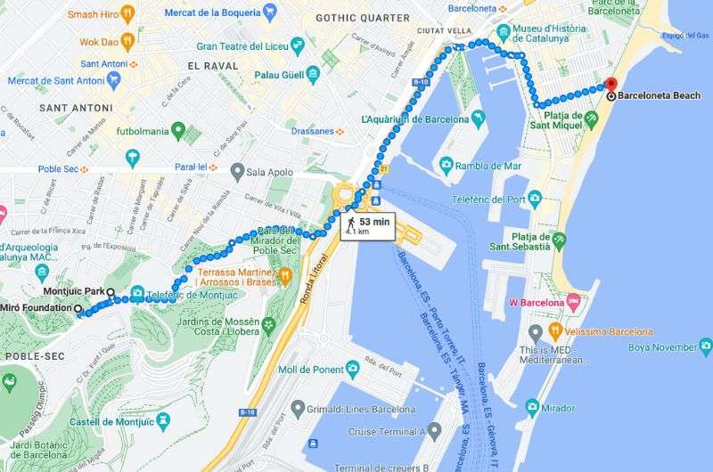 Map of day 3 Barcelona itinerary 