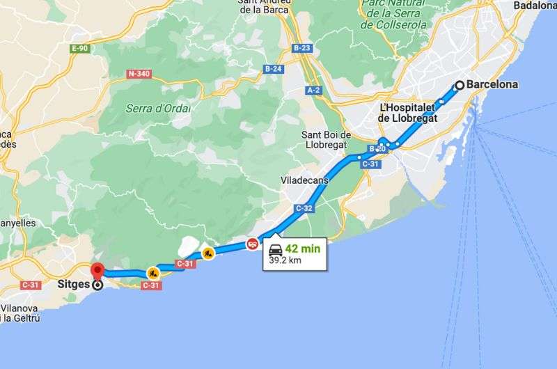 Map of day 4 Barcelona itinerary day trip to Sitges