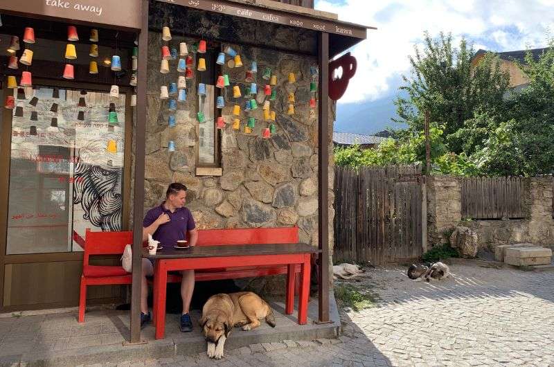 Eating in a restaurant in Mestia, Georgia