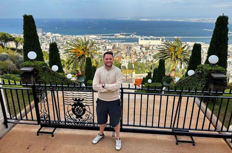 A tourist in Bahai Gardens in Haifa, Israel