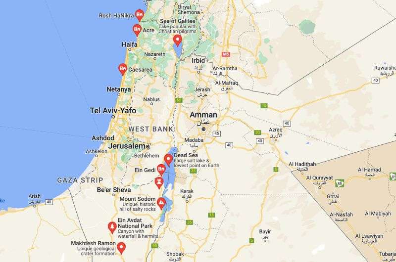 Map of day trips from Tel Aviv, Israel