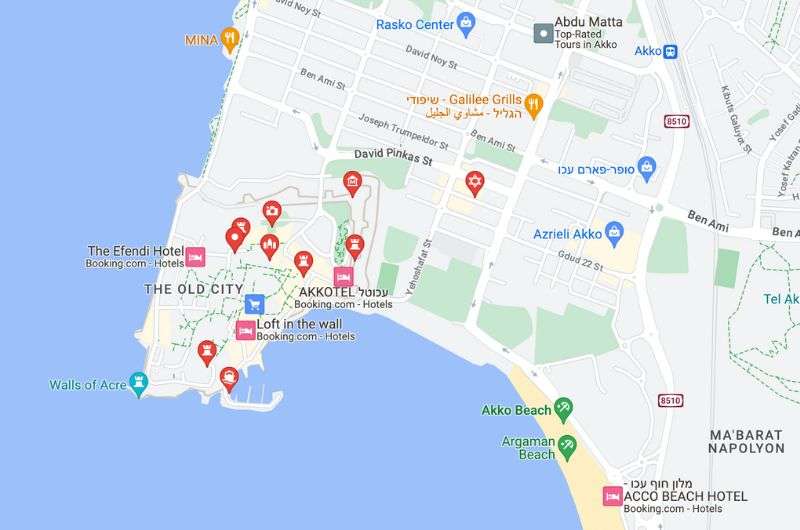 Akko israel map of stops