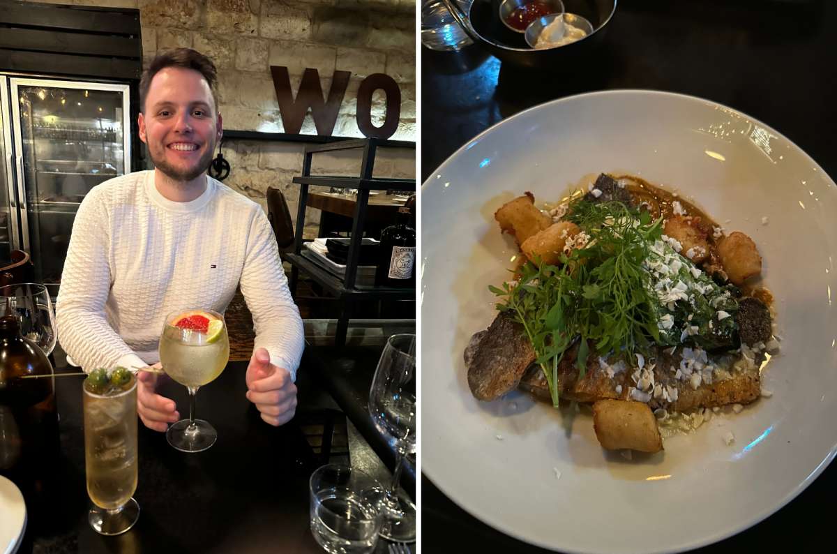 a collage of photos of a tourist enjoying his evening at the Culinary Workshop and a photo of the Israel food served there, Jerusalem, Israel, photo by Next Level of Travel