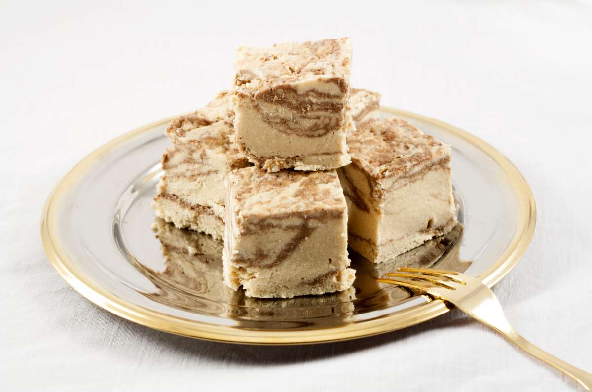 A photo of Halva, a traditional Israeli dessert on a decorative plate, Jerusalem, Israel